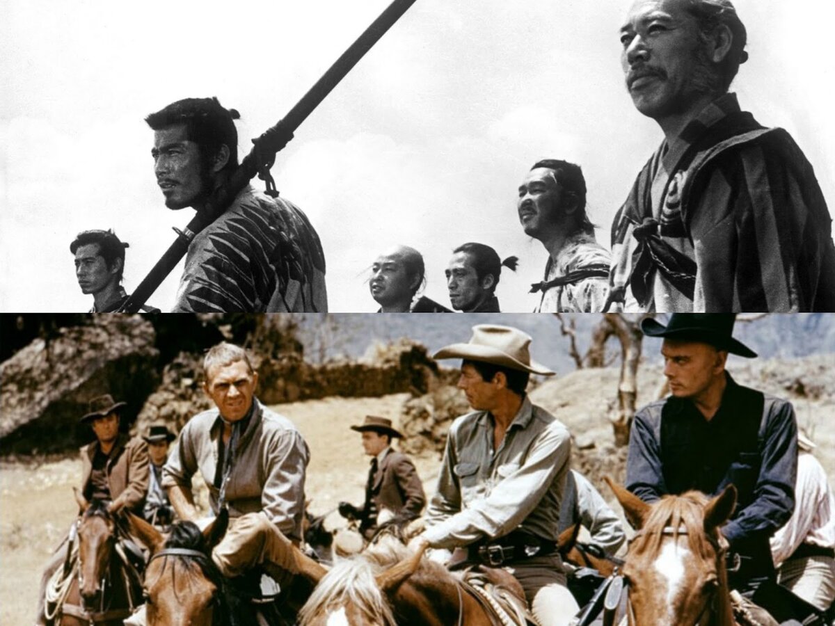 На верхней фотографии "Семь самураев" (1954), на нижней "Великолепная семерка" (1960)