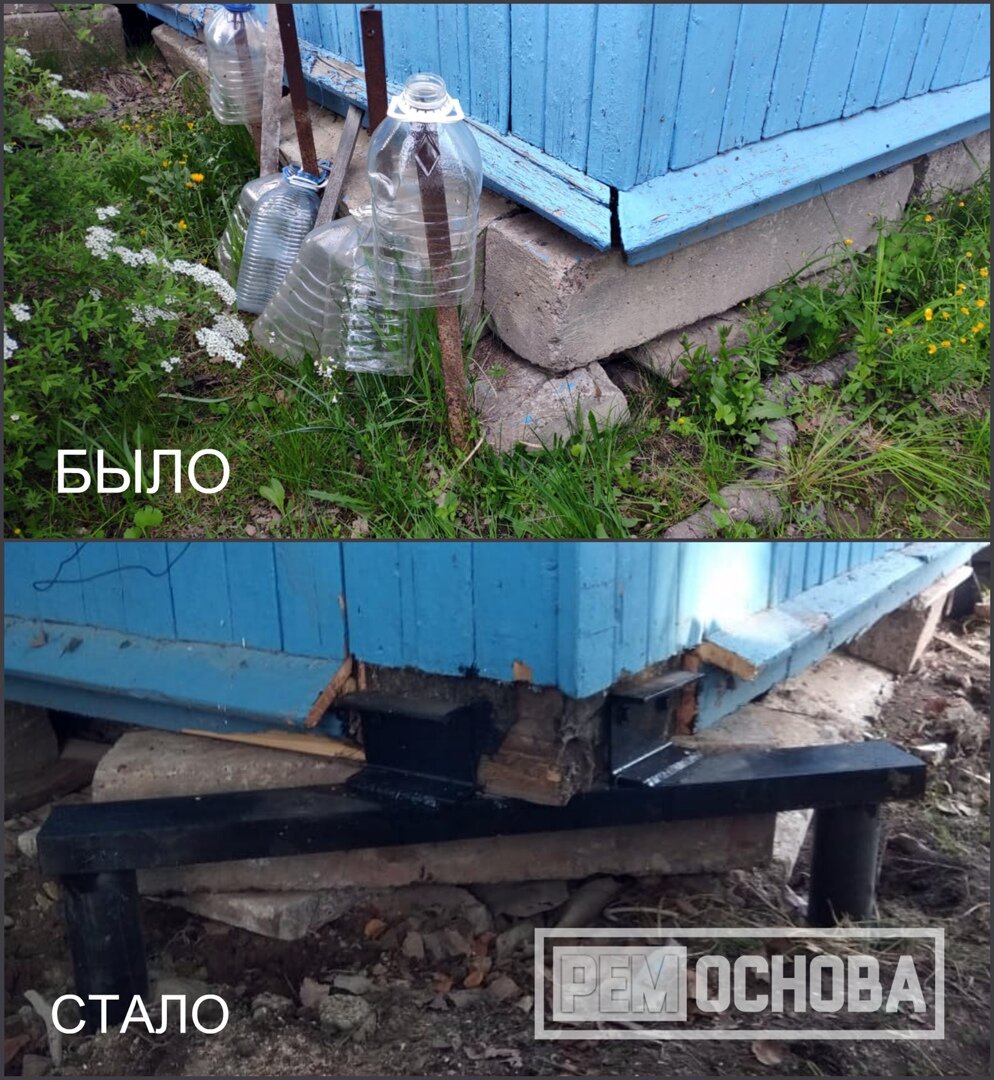 Выравнивание угла дома и фиксация винтовыми сваями 