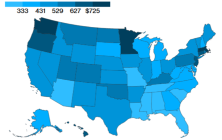 Максимальный размер еженедельного пособия по безработице в разных штатах США (не включает еженедельного федерального пособия по безработице в размере $300). ﻿