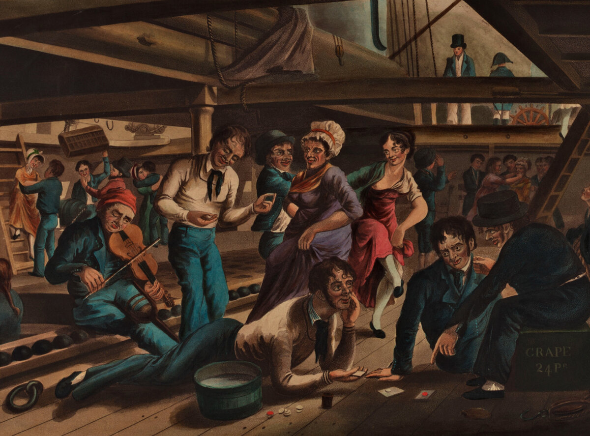 Женщины на военном корабле - карикатура 1820 года. Художник: Thomas Sutherland