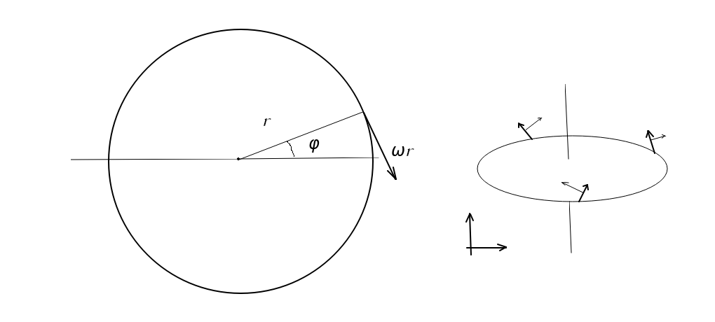 Слева кольцо, вид сверху. Справа вид сбоку, пририсованы локальные оси времени: они наклонены по ходу вращения. Перпендикулярные к ним векторы изображены тонкими стрелками. Если рисовать линию в направлении этих стрелок, получится винт. Ось вращения и лабораторная ось времени выглядят направленными одинаково, но это издержки проекции.