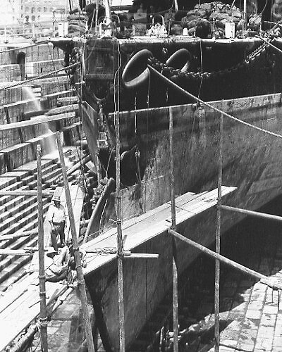Fig. 02. 1893.06.22 British battleship HMS «Camperdown» in dock with damaged bow after her 22 June 1893 collision with battleship HMS «Victoria».