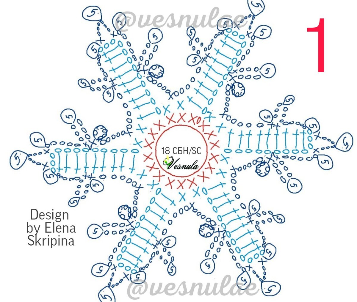 Схема вязания Снежинки №1, дизайн Елены Скрипиной / @vesnulae
