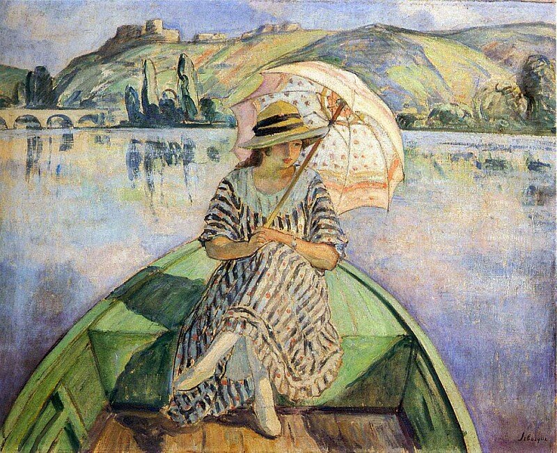 Женщина с зонтом в лодке. 1915