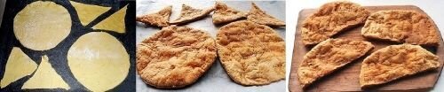     Поскольку готовим мы торт, то нам необходимы и коржи. Присыпаем место раскатывания мукой, слоёное тесто размораживаем, и тонко раскатываем его в пласт. Толщина пласта должна быть примерно 5 миллиметров. С помощью большой тарелки обводим и вырезаем из пласта 2 круга. Также нам нужно вырезать 4 небольших треугольника. Можно обвести, к примеру, коробку с крупой - и полученный прямоугольник разделить по диагонали, а можно резать "от руки". Решайте сами. Тесто при выпекании поднимется, и даже если треугольники будут не очень ровными по краям, ничего страшного. Противень смазываем растительным маслом, а затем немного присыпаем мукой, чтобы коржи не пригорели. Выкладываем на него коржи, и протыкаем каждый вилкой в нескольких местах, чтобы тесто не слишком вздулось. Когда духовка прогреется до 200 градусов, помещаем внутрь противень и убавляем огонь. Коржи нужно выпекать при температуре 180 градусов в течении 20 минут. Готовые коржи в виде кругов нужно разрезать пополам, пока они ещё горячие - иначе потом они могут ломаться. Треугольники оставляем без изменений. Перед тем, как смазывать коржи начинкой, их нужно охладить.   