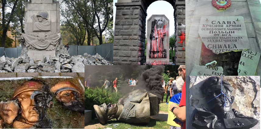 осквернённые памятники советским солдатам на Украине, в Польше и Прибалтике.