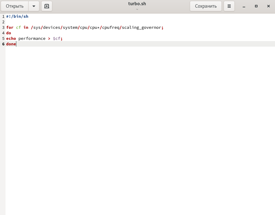  #!/bin/sh  
for cf in /sys/devices/system/cpu/cpu*/cpufreq/scaling_governor;
do
echo performance > $cf;
done