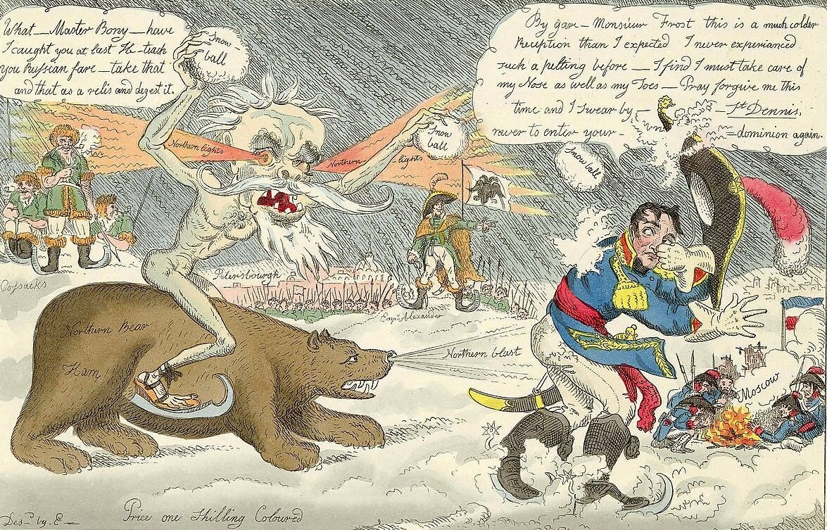 Образчик такого творчества. Генерал Мороз, еще и на медведе, снежками гонит Бони прочь из России. Карикатурист: William Elmes
