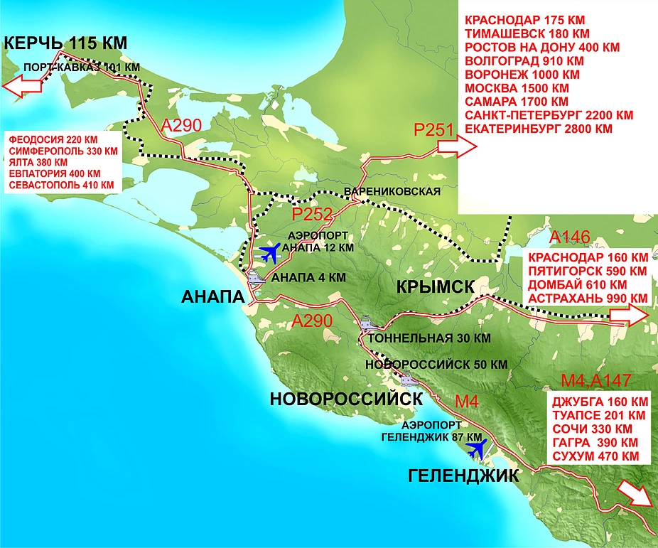 Карта от анапы до геленджика с названиями поселков