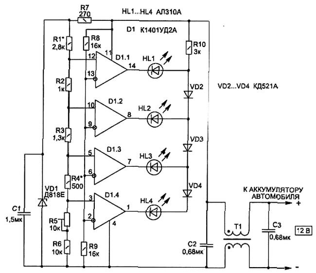 Индикатор напряжения бортовой сети автомобиля на микросхемах