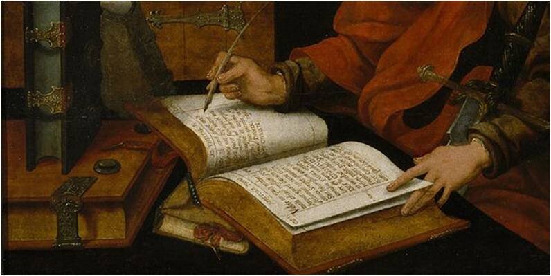 Master with the Parrot (1525-1550?) St. Luke writing (detail) (https://commons.wikimedia.org/)