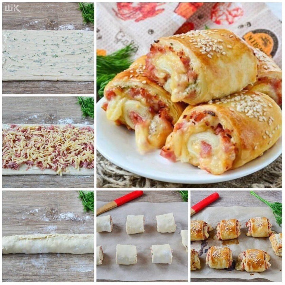 Ингредиенты: ᅠ
- Тесто слоеное (дрожжевое) — 500 г
- Ветчина — 200 г
- Сыр твердых сортов — 100–150 г
- Веточки укропа — 2–3 шт.
 -Майонез — 2 ст. л.
- Яйцо — 1 шт.
 -Кунжут — 1 ст. л.
ᅠ
Приготовление:
ᅠ
1. Подготовьте все необходимые ингредиенты. Готовое слоено-дрожжевое тесто слегка разморозьте, чтобы с ним удобно было работать.
2. Подготовьте начинку. Ветчину и сыр натрите на крупной терке.
3. Мелко порубите укроп, смешайте его с майонезом.
4. Пласт теста раскатайте, но не слишком тонко.
5. Смажьте тесто майонезной массой.
6. Выложите натертую ветчину и сыр.
7. Заверните тесто с начинкой в рулет. Край защипните, чтобы рулет не разворачивался и начинка не выпадала.
8. Порежьте рулет на куски шириной примерно 4 см. Переложите рулетики на противень, застеленный пергаментом. Если вы уверены в пергаменте, то его можно не смазывать растительным маслом, в противном же случае лучше смажьте.
9. Смажьте каждый рулетик взбитым яйцом (или только желтком) и присыпьте кунжутом.
10. Выпекайте слойки в духовке при температуре 200ºC 20–25 минут, до румяной корочки.
Приятного аппетита!
