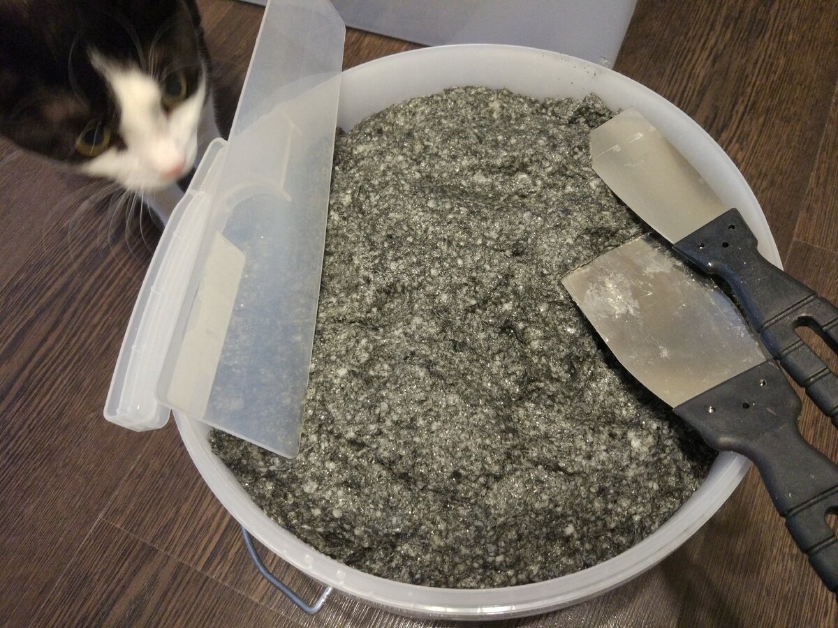 Готовая смесь, инструменты. Хвостатый прораб все проверяет лично.