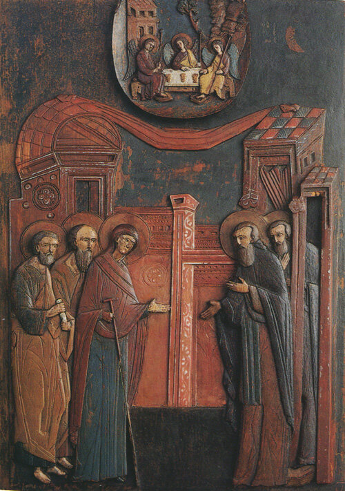 Явление Богоматери прп. Сергию, Святая Троица. 1-я треть XVI в., мастерские Лавры. Резная икона из собрания Русского Музея