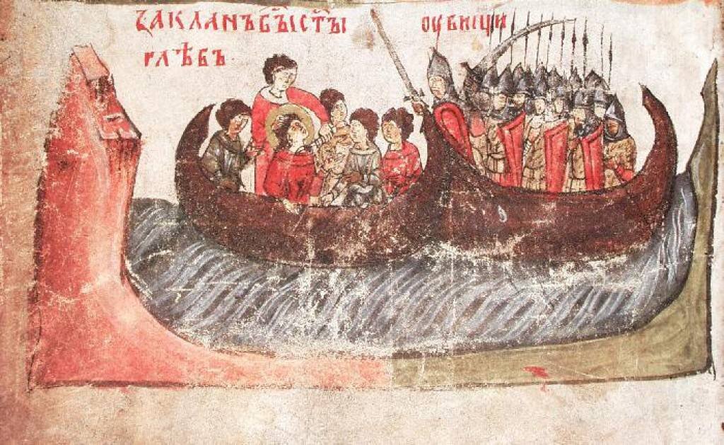 Молитва и убийство князя Глеба под Смоленском. Миниатюра XIV века