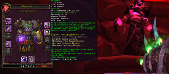 
Для изменения предметов был создан новый интерфейс, вы сможете увидеть его, обратившись к мастеру трансмогрификации. Перед изменением предметов вы сможете увидеть, как он будет выглядеть на вашем персонаже, а также узнаете стоимость переделки. Если новый вид предмета вам надоест, вы всегда сможете отменить сделанные преобразования.