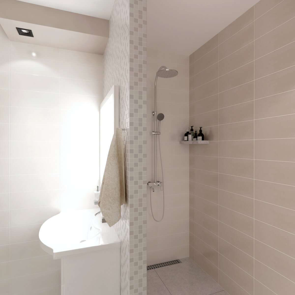 Душевая без ограждения спрятана за перегородкой с умывальником.