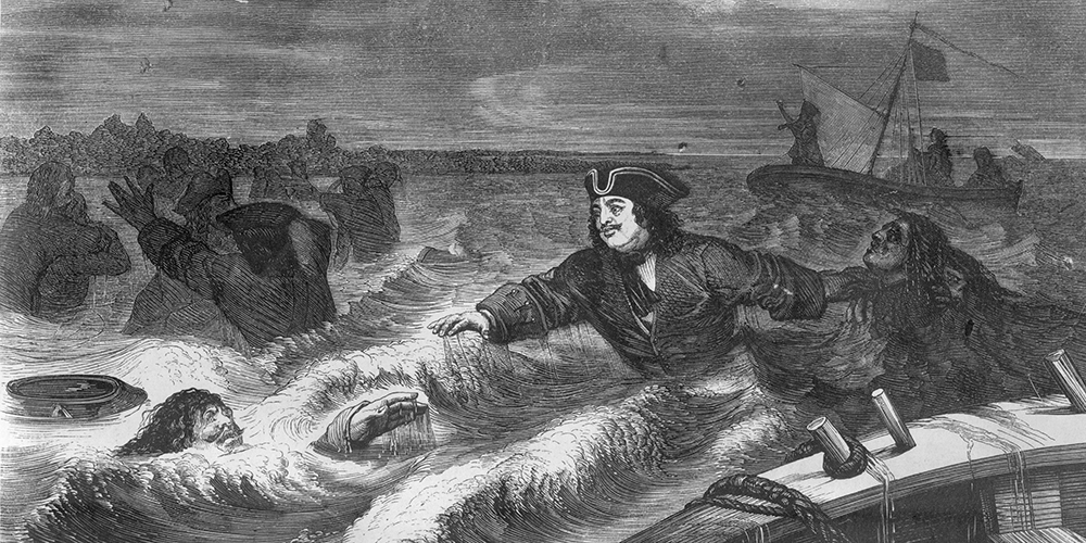 Петр Первый спасает тонущих солдат. Хотя мне встречалось мнение, что это легенда.