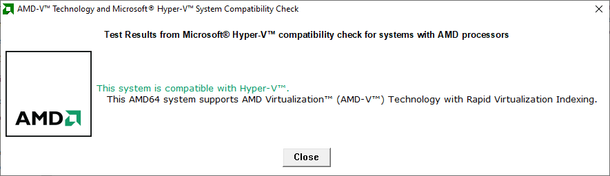процессор от AMD поддерживает виртуализацию, в BIOS включено.