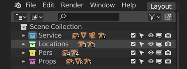 Пример распределения коллекций в Blender