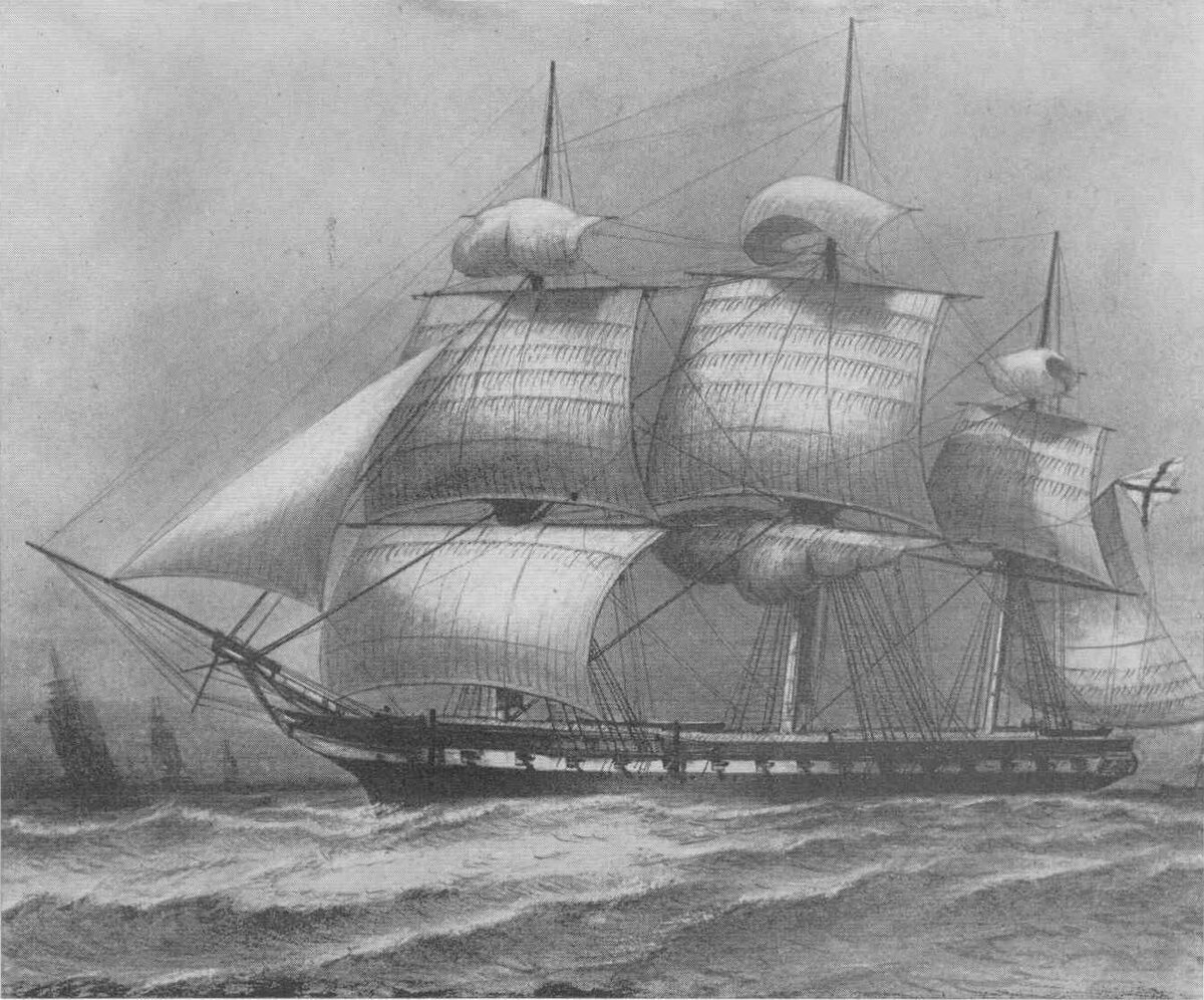 Фрегат Паллада, гравюра середины XIX века.