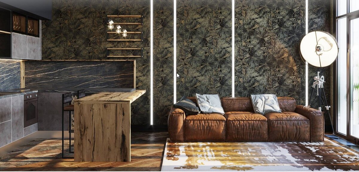 Апартаменты встречают выделенной зоной прихожей с винтажным сундуком у зеркала — его предоставил клиент. Совмещенная кухня-гостиная с большим диваном и телевизором стала зоной для встречи гостей.