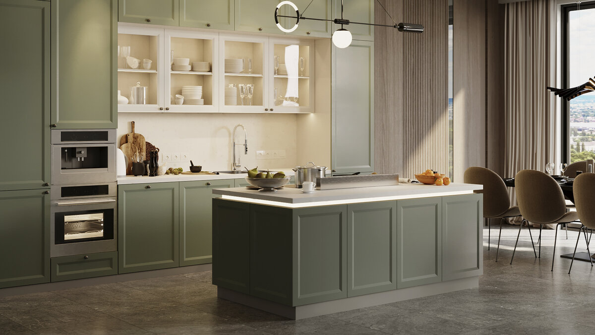 Кухня в стиле прованс с фасадами «Корсика» в цвете «Шалфейный» и «Белый», столешница из искусственного камня