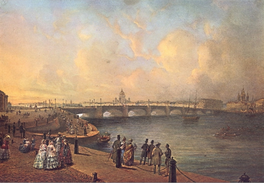 В. С. Садовников. Вид на Благовещенский мост, 1851 год. Вид на Благовещенский мост 1851 Садовников. Благовещенский мост 1850.