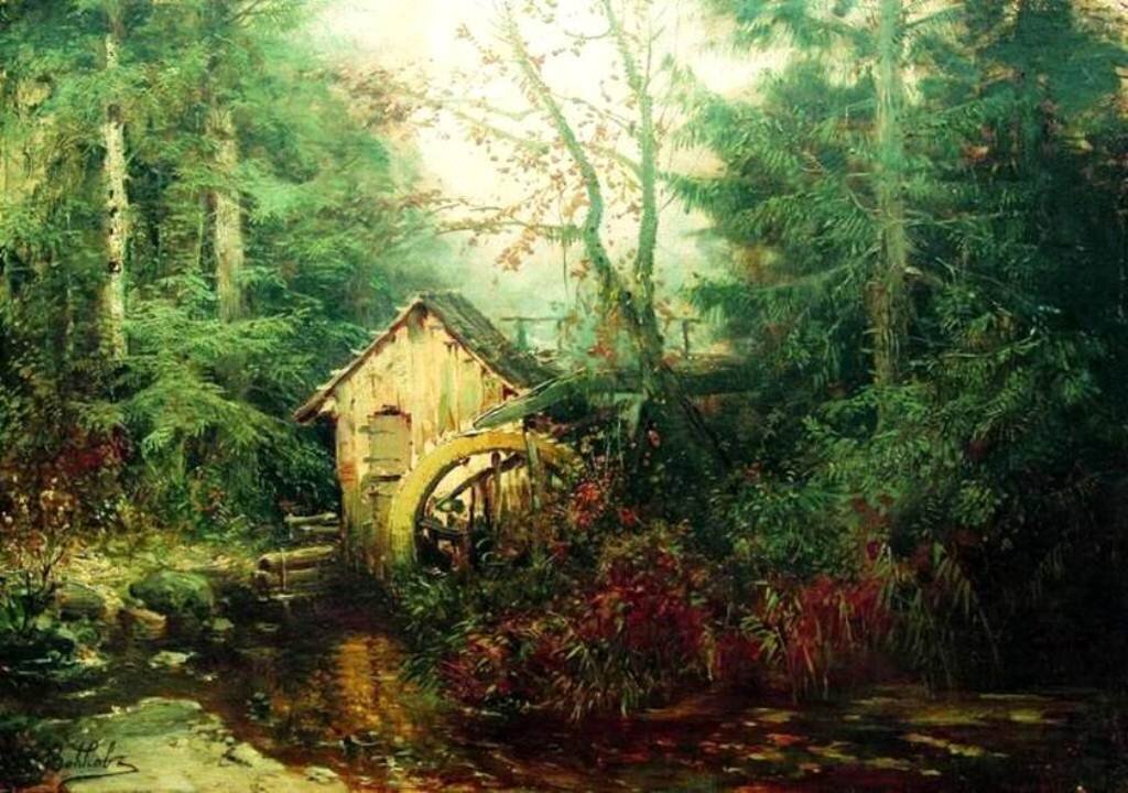 "Лесной пейзаж с водяной мельницей", 1870-е