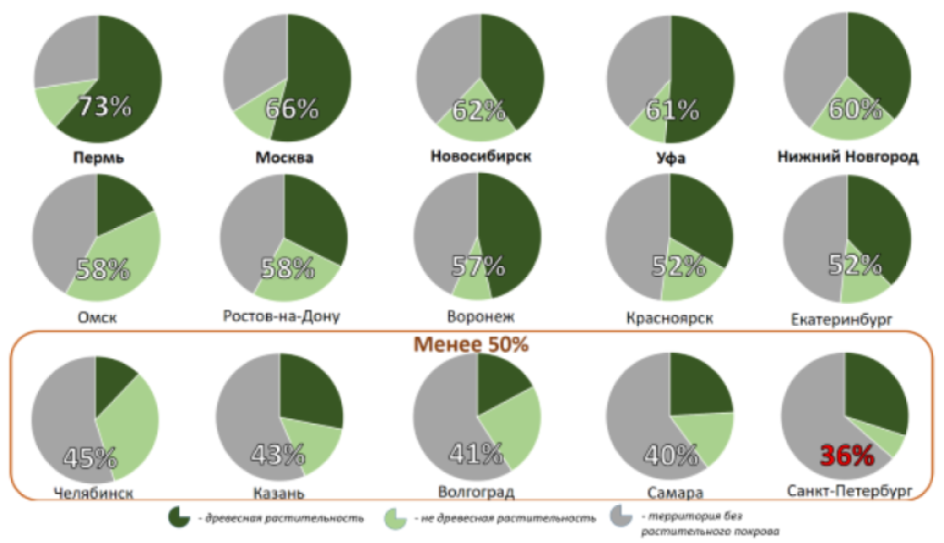 Доля и структура зеленой инфраструктуры в 15 крупнейших городах России. Фото: onznews.wdcb.ru