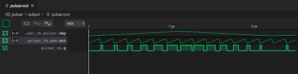Симуляция на Icarus Verilog, отображённая в VSCode.
