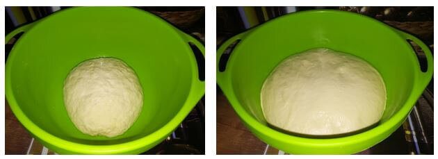 Замешенное тесто до ферментации и через 4 часа