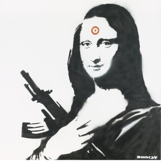 Бэнкси. Мона Лиза с АК 47. Аэрозольная краска на доске, трафарет.  Продана за 156 тыс.фунтов стерлингов (ок.15,5 млн.руб.). Зеркальная версия продана на 1- тыс.фунтов дороже. И надо сказать, что цены на работы Бэнкси продолжают расти.