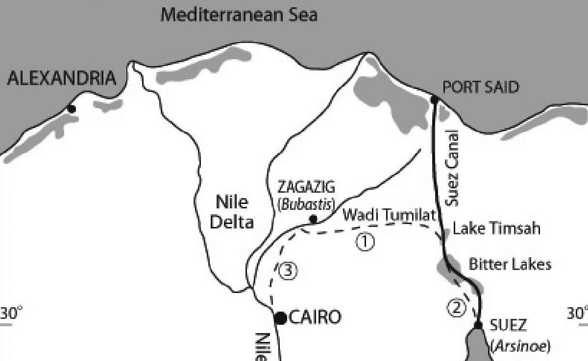 Пунктиром на карте отмечен маршрут "канала фараонов". Под цифрой 3 - канал Сенусерта III. Под цифрой 1 - канал фараона Нехо II в долине Вади-Тумилат. Под цифрой 1 - канал императора Траяна . В настоящее время расчищен и используется в народном хозяйстве отрезок канала в долине Вади-Тумилат. Из статьи "Misconceptions for risks of coastal ﬂooding following the excavation of the Suez and the Corinth canals in antiquity"