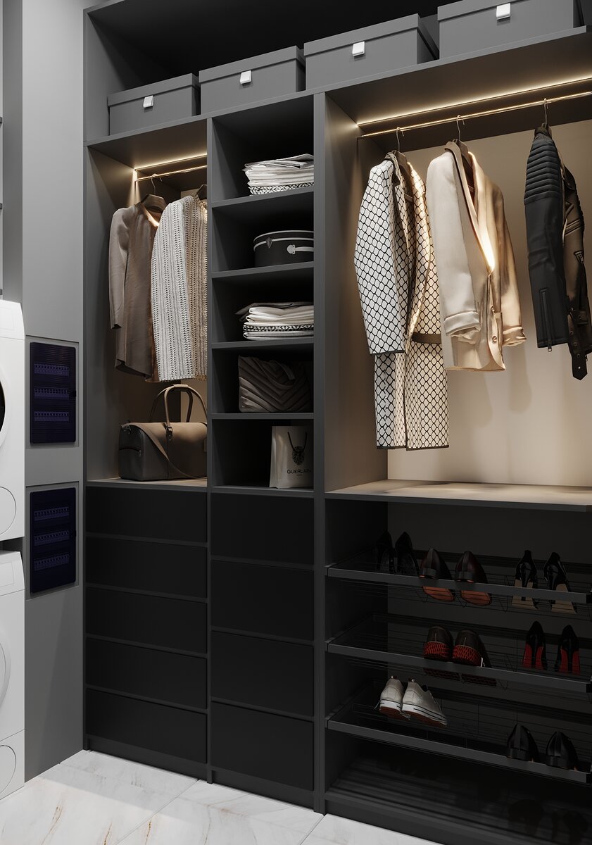 Гардеробная комната. Дизайн проект в ЖК Wellton Towers (Веллтон Тауэрс) г. Москва. Студия дизайна "Elle Design"