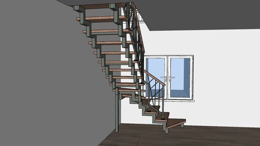 Деревянная лестница, лестница с поворотом на 90 градусов через площадку.
