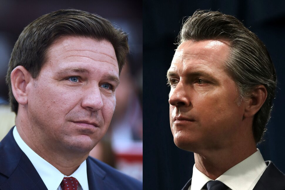 На составном изображении изображен губернатор Флориды. Рон ДеСантис (слева) и губернатор Калифорнии. Гэвин Ньюсом. (ПОЛ ХЕННЕССИ И ДЖАСТИН САЛЛИВАН / GETTY IMAGES)