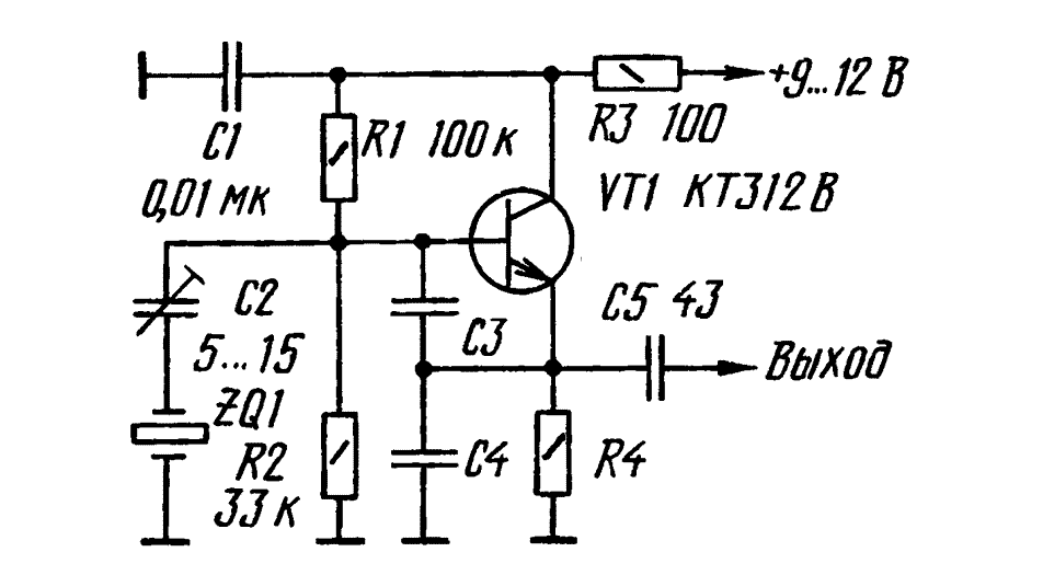 Кварцевая частота. Кварцевый Генератор 1 МГЦ на транзисторе. Кварцевый Генератор на транзисторе кт3102. Схема кварцевого генератора на транзисторе. Кварцевый Генератор частоты схема.