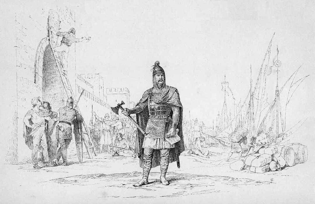 Олег Правитель. Первый исторический Киевский князь, Олег, доходил до самого Царьграда, к вратам которого прибил свой щит и заключил выгодный для русской торговли мир с Греками. Народ прозвал Олега "Вещим" (мудрым). (В.П.Верещагин)