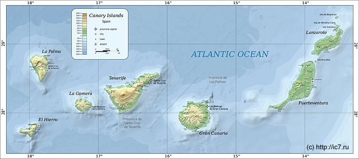 Канарские острова (исп. Islas Canarias), протянувшиеся более чем на 500 км с юго-запада на северо-восток, расположены в Атлантическом океане, в непосредственной близости от марокканского побережья Африки и в 1500 км к югу от Пиренейского полуострова. Минимальное расстояние между архипелагом и африканским побережьем (мыс Юби) составляет всего около 115 км. Подлетая к Канарам на самолете, в иллюминатор можно одновременно увидеть, как марокканский берег, так и побережье Лансароте или Фуэртевентуры.


