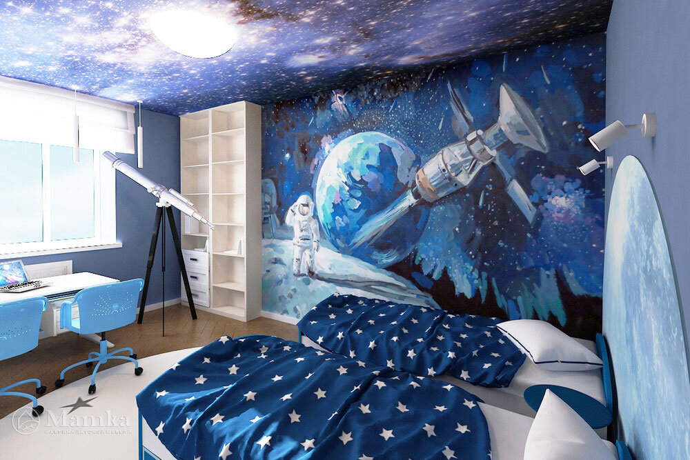 Дизайн детской для двух мальчиков в космической тематике 