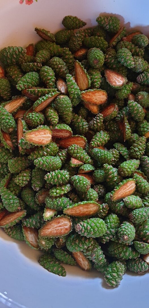 Подготовленные для  варки шишки