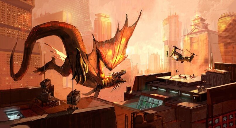 На арте правильно всё, кроме одной детали: Файершвинг настолько огромна, что крыльями закрывает солнце для целого города.