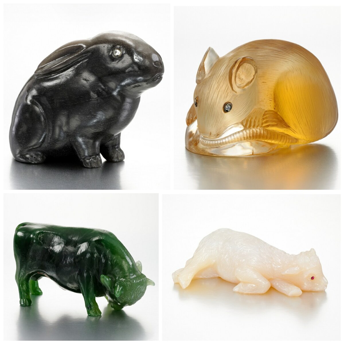 Фигурка кролика из обсидиана и алмазов; фигурка мыши из цитрина и алмазов; фигурка быка из нефрита и алмазов; фигурка козлёнка из халцедона и рубинов, все - Фаберже
