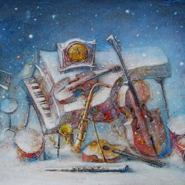 Зима музыка автор. Скрипка новый год. С новым годом музыканты. Зима и музыкальные инструменты. Картины на музыкальную тему.