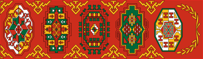 Пять ковровых гёлей с государственного флага Туркменистана.