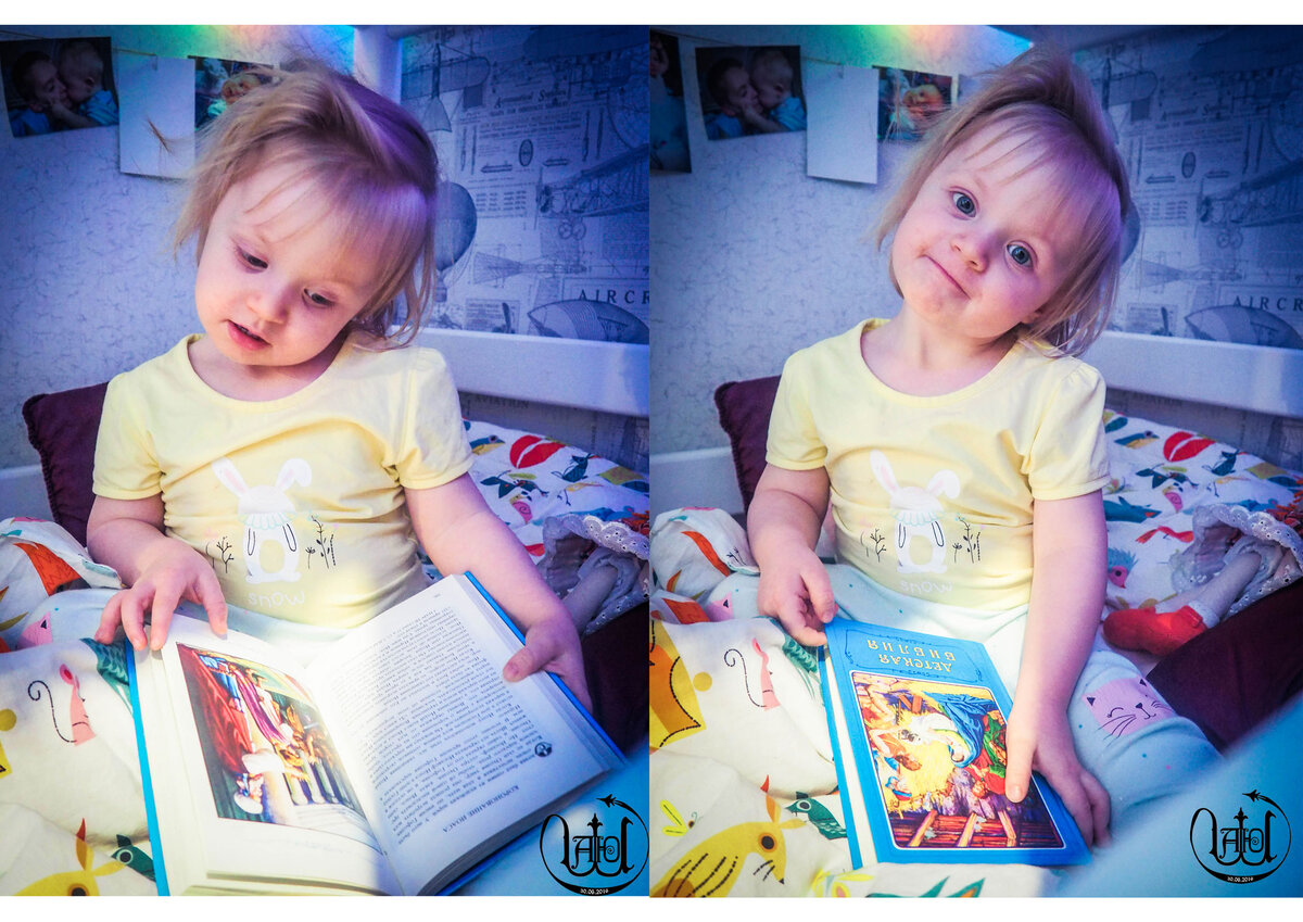 Василиса листает Детскую Библию. Детей стоит знакомить с историей Рождества, даже таких маленьких.