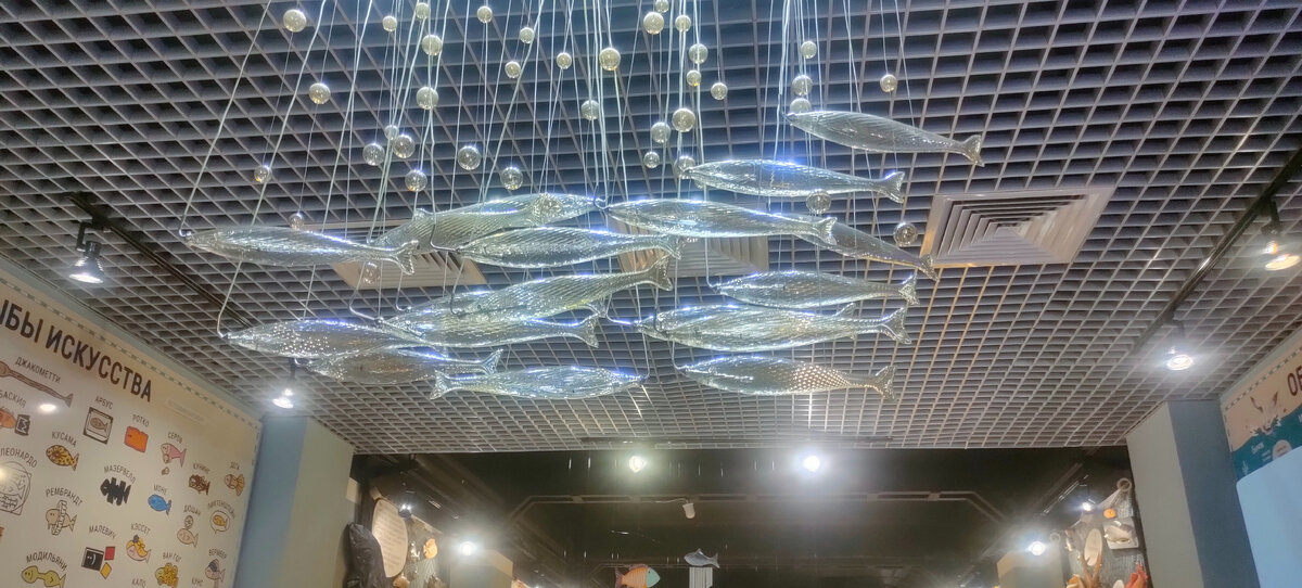 На входе нас встретили такие рыбки на потолке