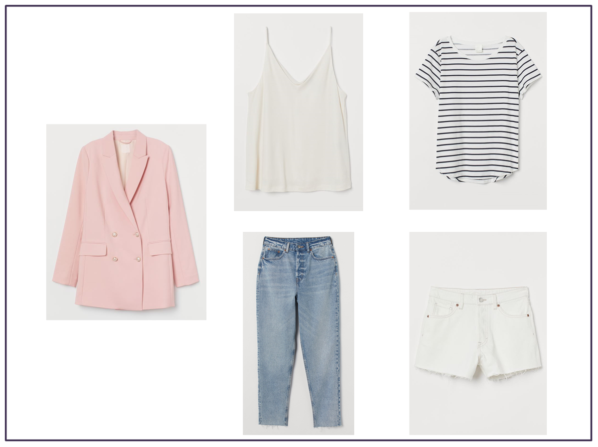 Двубортный жакет 2 999 Pуб., Майка с треугольным вырезом 1 199 Pуб., Футболка 399 Pуб., Джинсы Slim Mom High Ankle 1 899 Pуб., Шорты Vintage High 1 199 Pуб