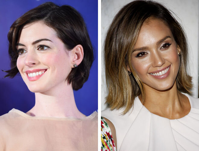 Энн Хэтэуэй выбрала насыщенный каштановый оттенок.  Джессике Альбе очень идет омбре с плавным переходом от каштанового в светло-коричневый.